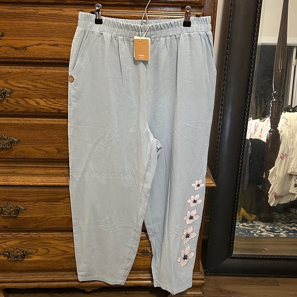 Light Blue Kids' Floral Casual Pants 100%COTTON NWT with pockets